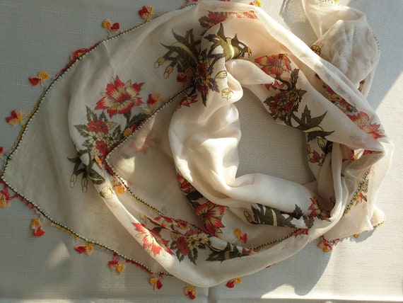 Vintage Turkish Scarf with Lace OYA - Traditional… - image 4