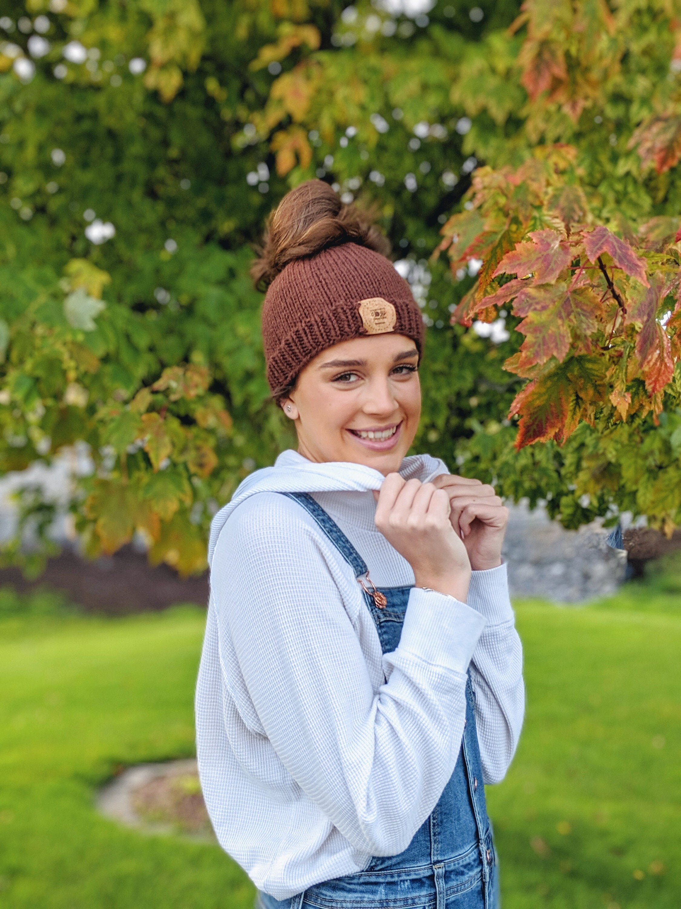 Hand Knit Messy Bun Hat Fall Colours 