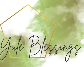 May include: A watercolor background with a gold pentagon frame and the text "Yule Blessings" in black cursive.