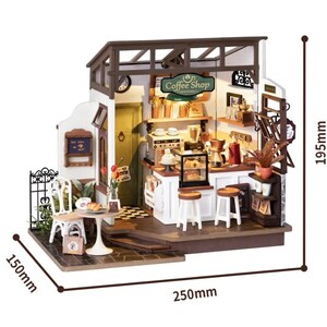 May include: A miniature wooden dollhouse model of a coffee shop with a white exterior, brown roof, and a black and white checkered floor. The shop has a sign that reads "Coffee Shop" and features a small outdoor seating area with two chairs and a table. The dollhouse measures 150mm wide, 250mm deep, and 195mm tall.