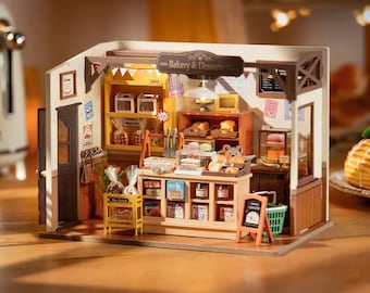 Miniature Bakery DIY Kit - 3D Wooden Puzzle Cafe Dollhouse - Cozy Bread Shop Diorama - Cute Craft Gift for Bakers, Teens and Kids