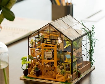 Miniature Greenhouse DIY Kit - Cathy's Flower House Dollhouse - 3D Wooden Puzzle Room Box - Unique Gift for Plant Lovers and Crafters