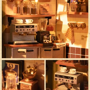May include: A miniature wooden coffee shop playset with a coffee grinder, espresso machine, and shelves with jars of coffee beans. The set includes a sign with the text "Open Mon-Fri 8:00-17:00 Set&Son 10:00-17:00 Opening Hours Menu".