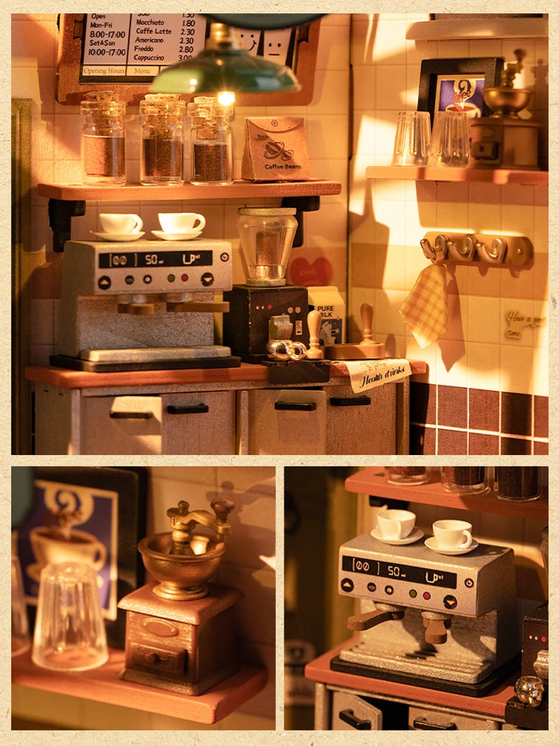 May include: A miniature wooden coffee shop playset with a coffee grinder, espresso machine, and shelves with jars of coffee beans. The set includes a sign with the text "Open Mon-Fri 8:00-17:00 Set&Son 10:00-17:00 Opening Hours Menu".