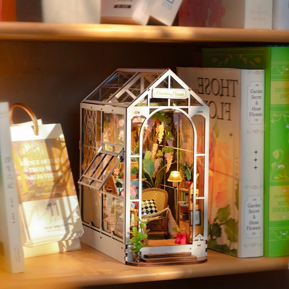 Garden House Book Nook Shelf Insert DIY Kit • Miniature Dollhouse 3D Wooden Puzzle • Unique Gift for Book Lovers and Crafters