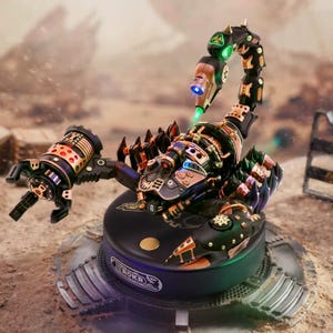 Może przedstawiać: Mechaniczny model skorpiona z czarnymi i miedzianymi segmentami, ruchomymi szczypcami oraz zakrzywionym ogonem ze świecącym zielonym symbolem zagrożenia biologicznego i niebieskim światłem. Figurka umieszczona jest na czarnej podstawie z napisem ROKR.