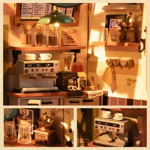 May include: A miniature coffee shop dollhouse kit with a coffee grinder, espresso machine, and shelves with jars of coffee beans. The dollhouse has a sign that says "Open" and a menu with prices for different coffee drinks. The dollhouse is lit up with warm, yellow lights.
