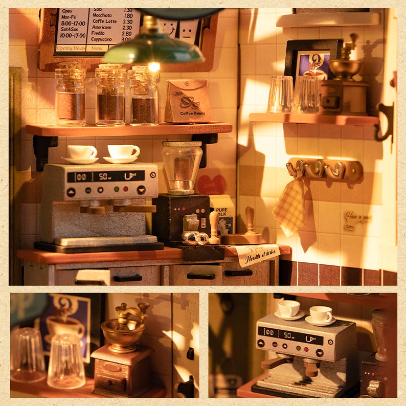 May include: A miniature coffee shop dollhouse kit with a coffee grinder, espresso machine, and shelves with jars of coffee beans. The dollhouse has a sign that says "Open" and a menu with prices for different coffee drinks. The dollhouse is lit up with warm, yellow lights.