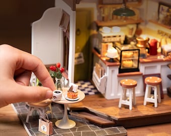Miniature Coffee Shop DIY Kit - 3D Wooden Puzzle Cafe Dollhouse - Cozy Coffee Bar Diorama - Unique Gift for Coffee Lovers and Crafters