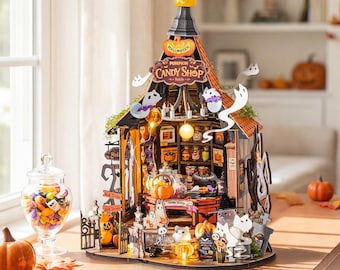 DIY Miniature House Kit Haunted Candy House, Spooky Cute Halloween Decor, 3D Wooden Puzzle Craft for Adults, Miniature Dollhouse with Light