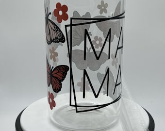 MAMA con estampado de vaca Vaso decorativo de cristal con tapa de bambú y pajita