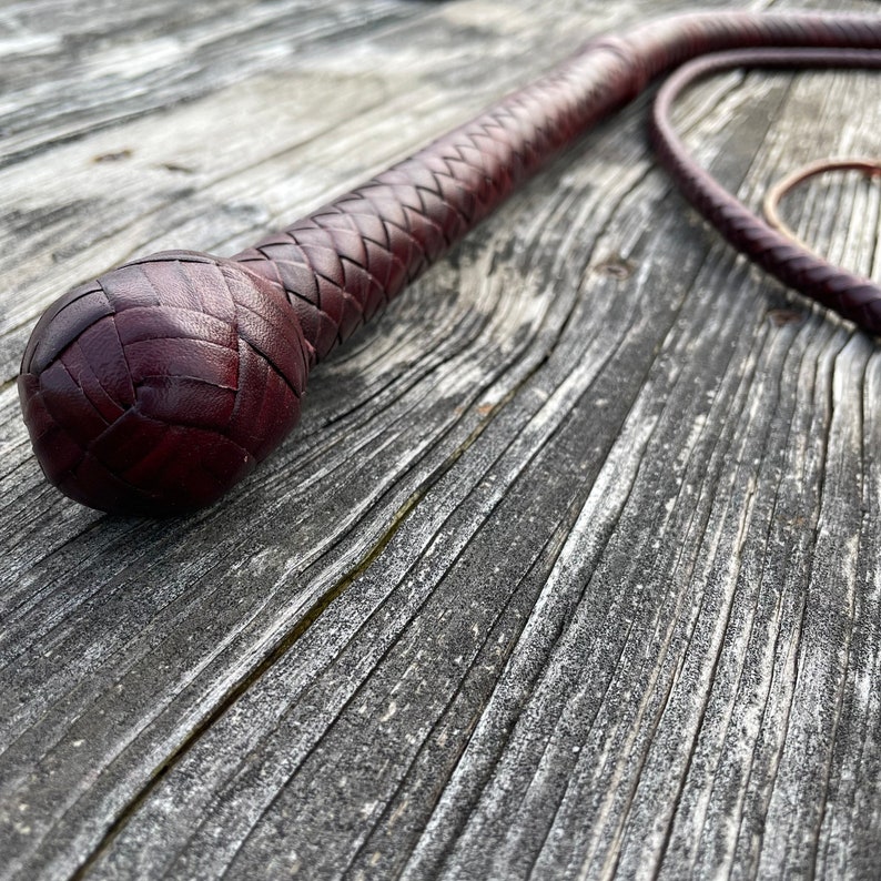 May include: A brown leather bullwhip with a braided handle and a rounded tip.