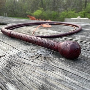 May include: A dark brown leather bullwhip with a braided handle and a woven knot at the end.