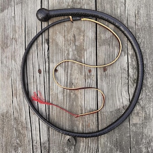 May include: A black leather whip with a rounded handle and a braided design. The whip is coiled on a weathered wooden surface, with a tan and red cord extending from the handle. A red tassel is attached to the end.