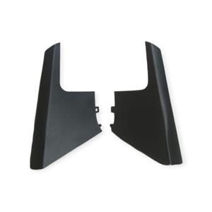 May include: Two black automotive mud flaps, each with a rectangular shape and a curved top edge. The mud flaps are designed to protect the vehicle from road debris and are shown against a white background.