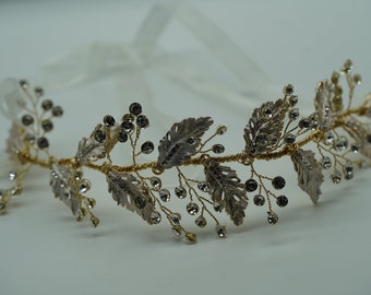 Bridal tiara gold,vintage style hairband with golden sheets,winter bridal hair jewelry, gift tip, valentine's day