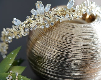 Braut Haarkrone goldfarben mit Glitzersteinchen, Tiara Hochzeitshaarschmuck