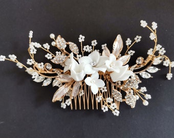 Bridal hair comb rose gold, silver, gold, wedding hair comb, vintage wedding, white flowers hair comb, boho wedding,