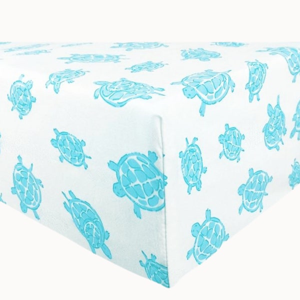 Playard Portable Crib Sheet in Aqua Turtle Pattern, Certified Organic and Packed in a Matching Fabric Bag for Easy Gifting