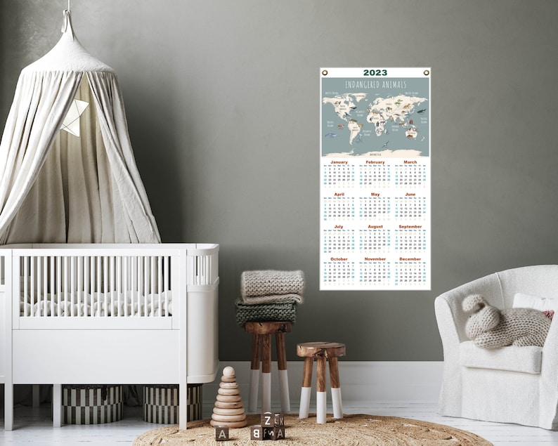 Endangered Animals World Map 2024 Calendar on Fine Art Canvas, for