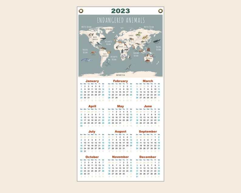 Endangered Animals World Map 2024 Calendar on Fine Art Canvas, for Playrooms, Kids' Rooms