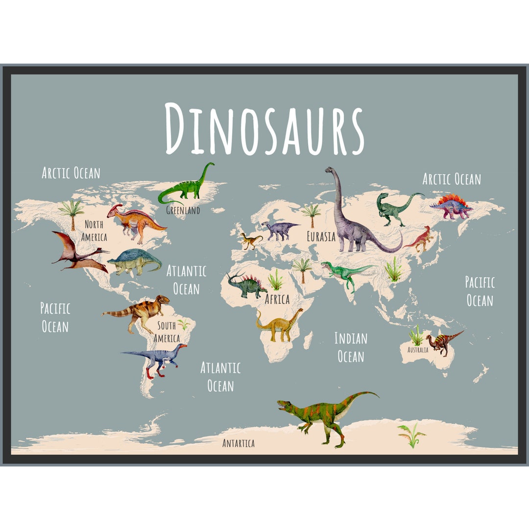 Dinosaur World Map Poster on Heavy Fine Art Paper for Nurseries ...