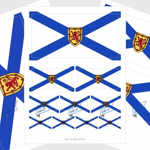 May include: Printable paper craft activity featuring the flag of Nova Scotia. The flag has a white background with a blue St. Andrew's Cross and a red lion on a gold shield in the centre. The paper craft includes multiple sizes of the flag to cut out and assemble.