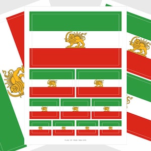May include: A collection of printed flags of Iran from 1964-1979, featuring green, white, and red stripes. The white stripe includes a golden lion and sun emblem. The flags are arranged in various sizes and orientations.