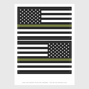 May include: Two black and white American flag decals with a thin green line across the middle. The text below the flags reads "Show your support for military personnel. Thin line USA opposing flags."