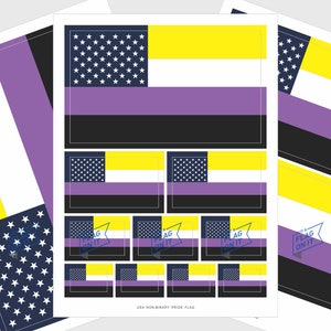 May include: A sheet of stickers featuring the non-binary pride flag, with the American flag incorporated. The design includes yellow, white, purple, and black stripes. The text "PUT A FLAG ON IT" is on some stickers. The text "USA NON-BINARY PRIDE FLAG" is also present.