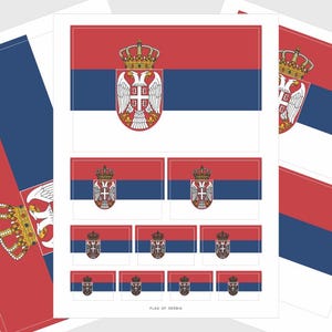 May include: Sheets of stickers featuring the flag of Serbia. The flag design includes a horizontal tricolor of red, blue, and white, with the Serbian coat of arms in the center. The stickers vary in size and shape.
