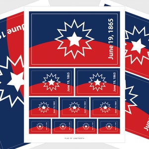 May include: A sheet of stickers featuring the Juneteenth flag. The flag is red, white, and blue with a starburst design and the text "June 19, 1865".
