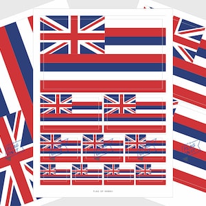 May include: Printable sheets with different sizes of the Hawaiian flag. The flag is red, white, and blue with a Union Jack in the upper left corner. The text "PUT A FLAG ON IT" is on the sheets.
