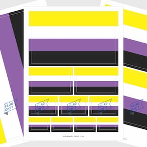May include: A printable sheet of stickers featuring the non-binary pride flag in various sizes. The flag is yellow, white, purple, and black. The text "PUT A FLAG ON IT" is repeated on the sheet.