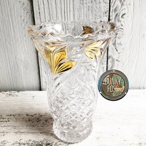 Vintage Pressed Glass 24kt Gold Leaf Vase, Pressed Glass Vase, Vintage Vase, Vintage Glass Vase,Sawtooth Edge Vase, Vase, 1950&#39;s