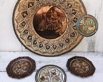 Vintage Etched Turkish Copper Wall Plate Set, Turkish Copper Plates, Turkish Erzincanlilar Etched Copper,Erzincanlilar, Etched Copper Plates