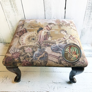 RARE! Antique French Geisha Tapestry Covered Foot Stool, French Tapestry, Antique Foot Stool,Claw Feet, Antique Tapestry Foot Rest, Stool