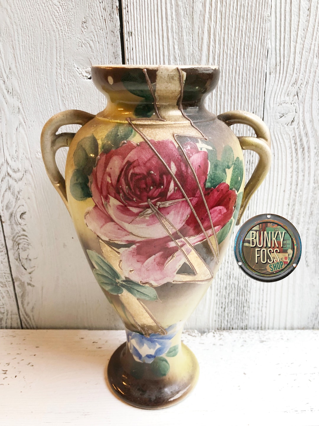 Antique Japanese Porcelain Rose Dbl Handled Vase, Rose Vase, Double