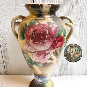 Antique Japanese Porcelain Rose Dbl Handled Vase, Rose Vase, Double Handled Vase, Tall Vase, Vase, Vintage Rose Vase,Antique Porcelain Vase