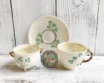 Antique Belleek Fermanagh Ireland Shamrock Tea Cup & Sugar Bowl Set, Eggshell Porcelain,Belleek,Ireland,Shamrock Tea Cup, Sugar Bowl, 1920&#39;s