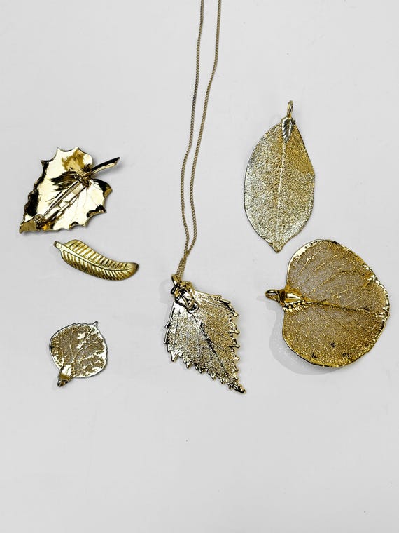 Vintage Gold Leaf Pendants & Brooch Set, Gold Dip… - image 2