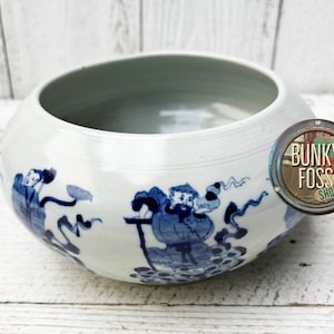 Antique Chinese Kangxi Style Blue and White Pottery Brush Bowl, Blue and White Pot, Planter Pot, Brush Bowl, Chinese Brush Pot, Qing Dynasty