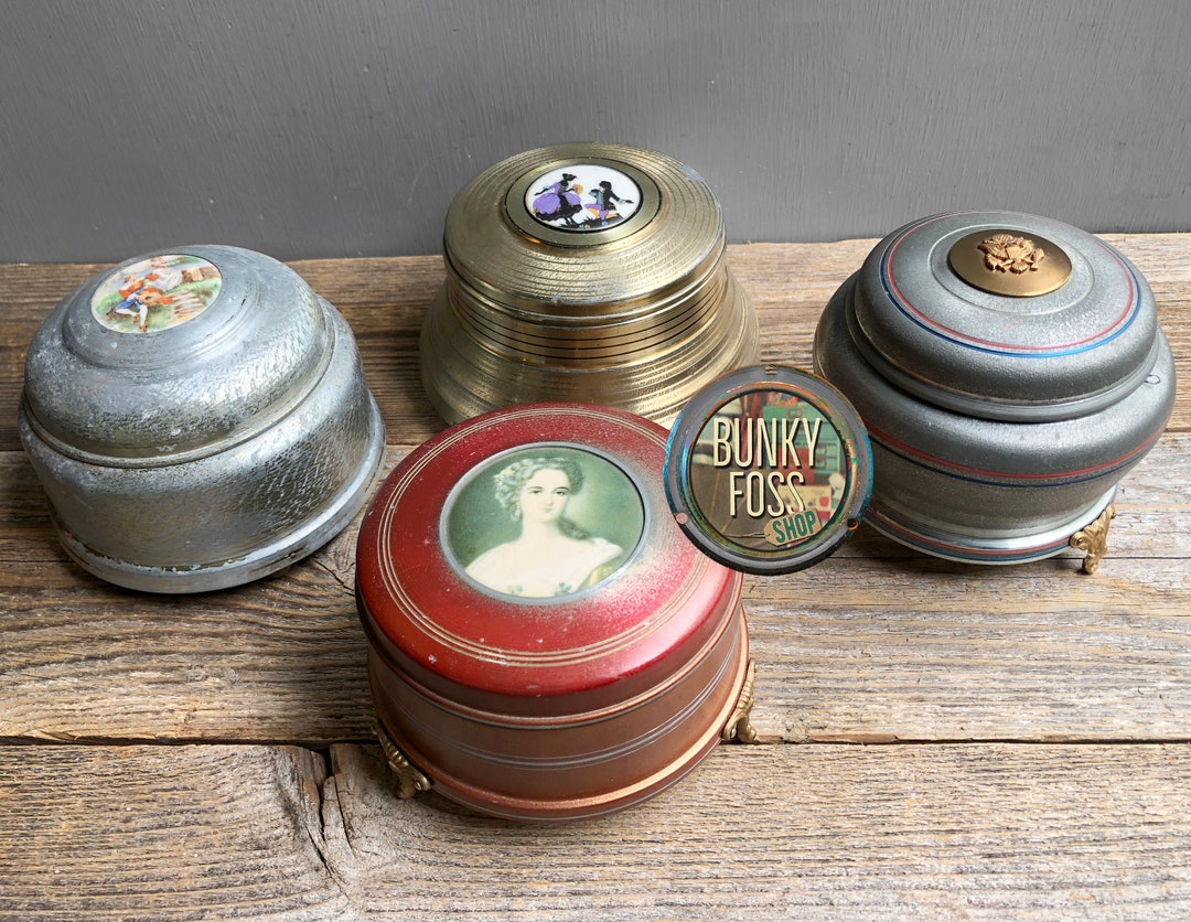 Antique Aluminum Musical Powder Box Collection Musical Powder Etsy