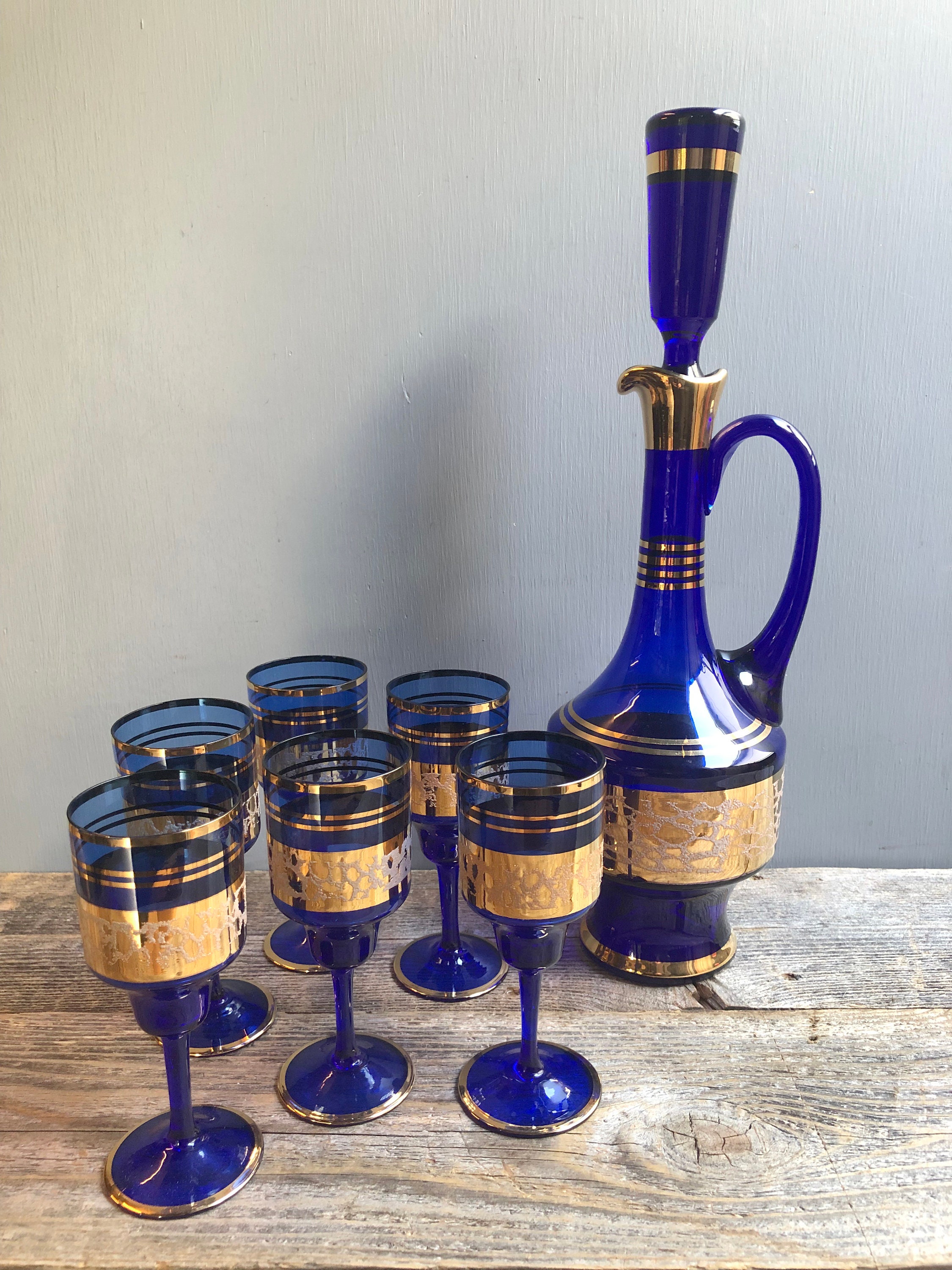 Antique Blue Crystal Glass Italian Decanter Set With 6 Matching