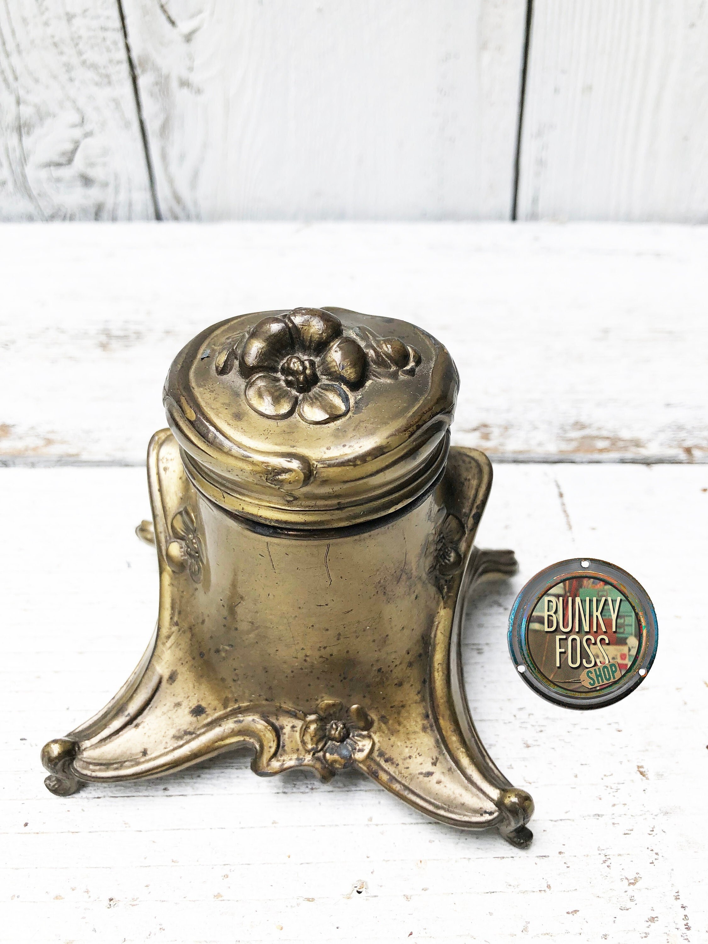 Antique Jennings Bros Brass/Bronze Inkwell With Porcelain Cup