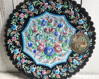 Vintage Middle Eastern Minakari Enameled Copper Floral Wall Plate, 15 Inch