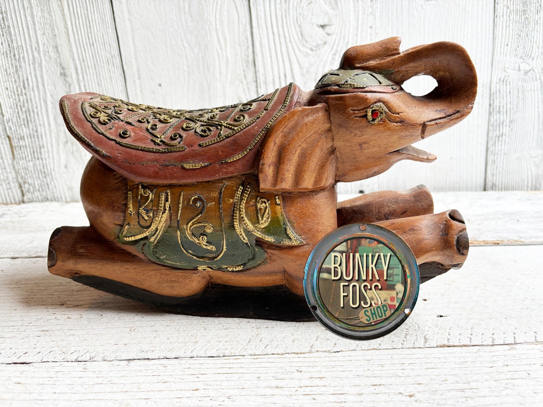 Primitive Hand Carved Rocking Elephant Sculpture, Rocking