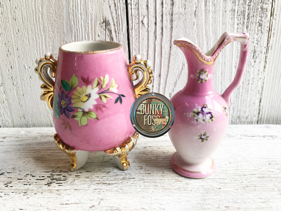 Vintage Floral Porcelain Small Vase Set, Pink Footed Vases, 1930s - Etsy