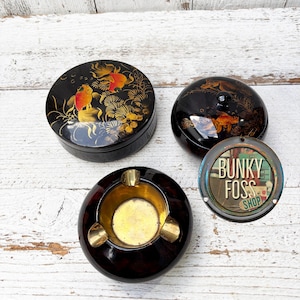 Vintage Japanese Black Lacquerware Box Set, Lacquerware Ashtray, Lacquerware Box, Japan, Box, Trinket Boxes, Boxes, Ashtray, 1940&#39;s