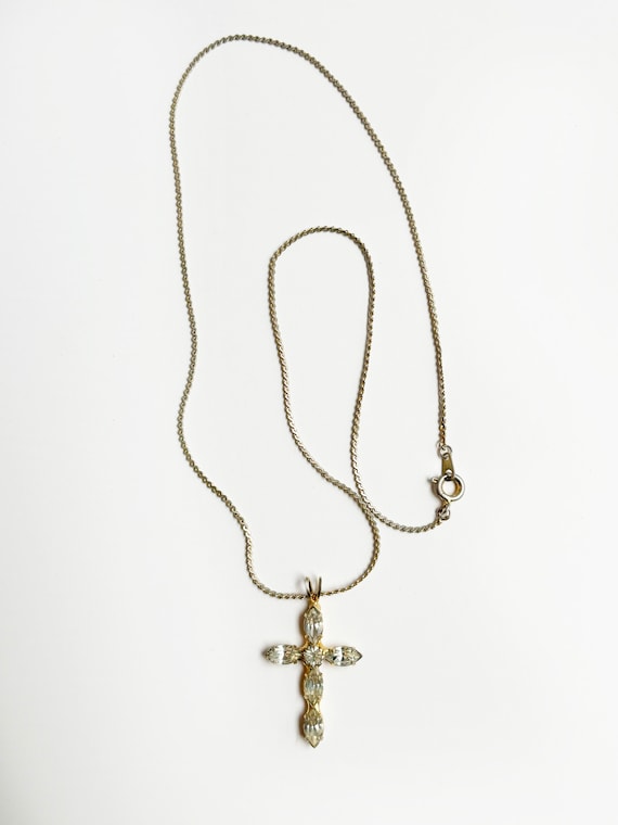 Vintage CZ and Gold Toned Cross Pendant Necklace,… - image 2